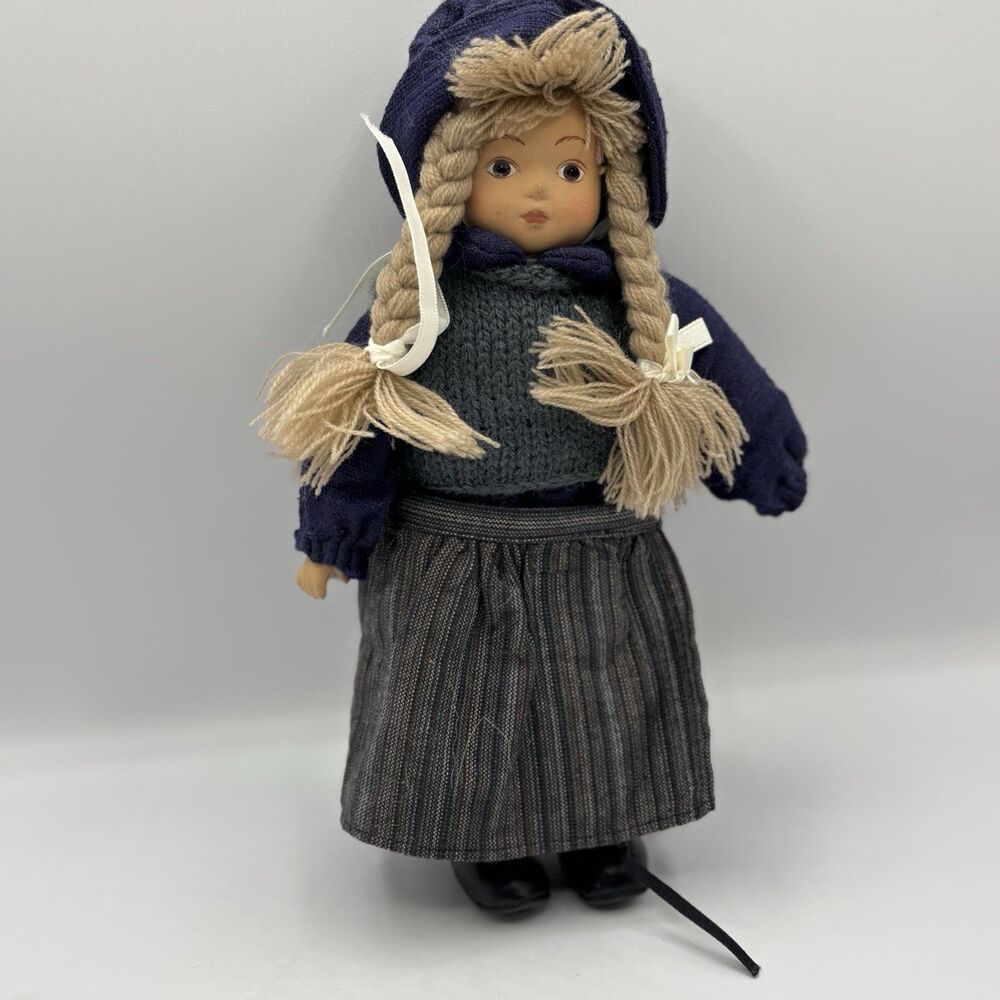 Kein Spielzeug German Porcelain Folk Doll 10” – Yarn Braid Pigtails Knit Outfit